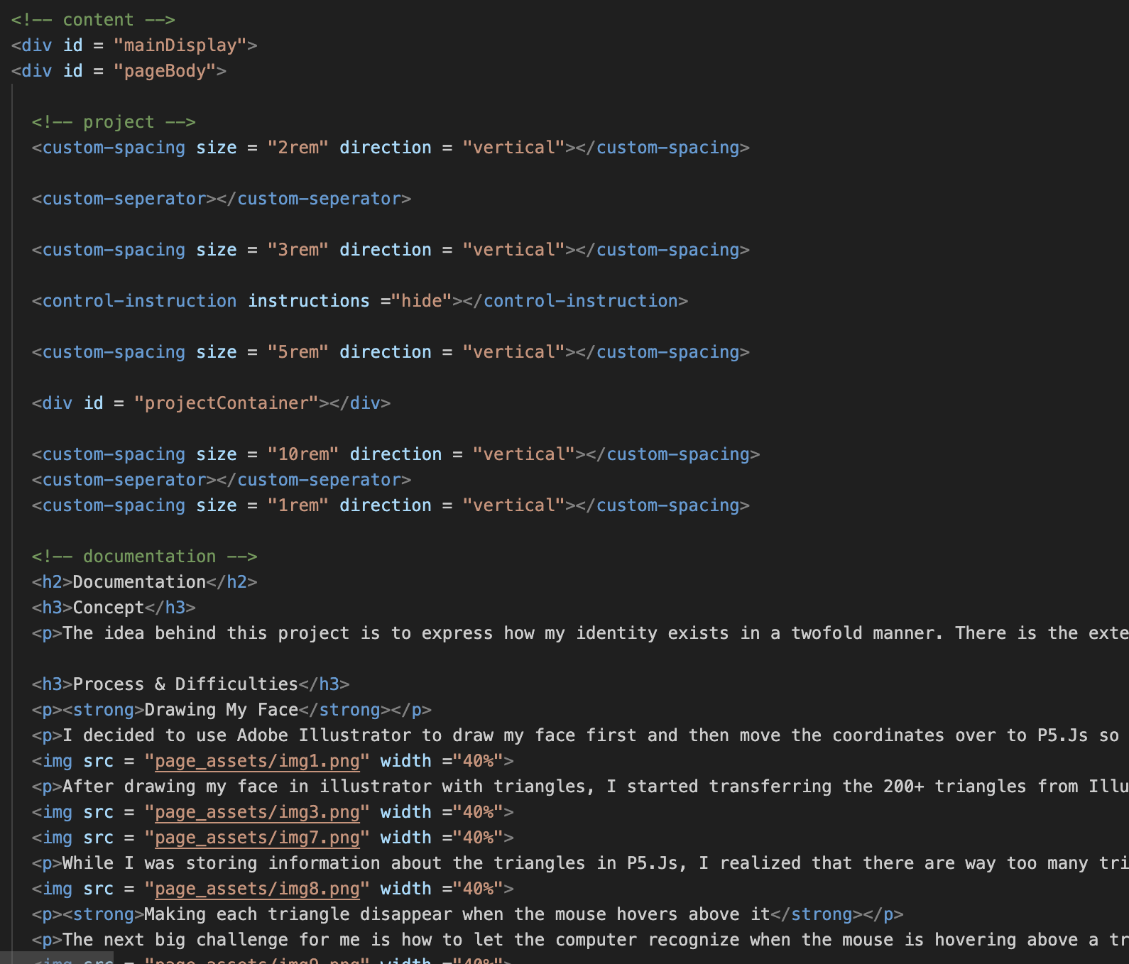 HTML file of project page written using custom DOMs