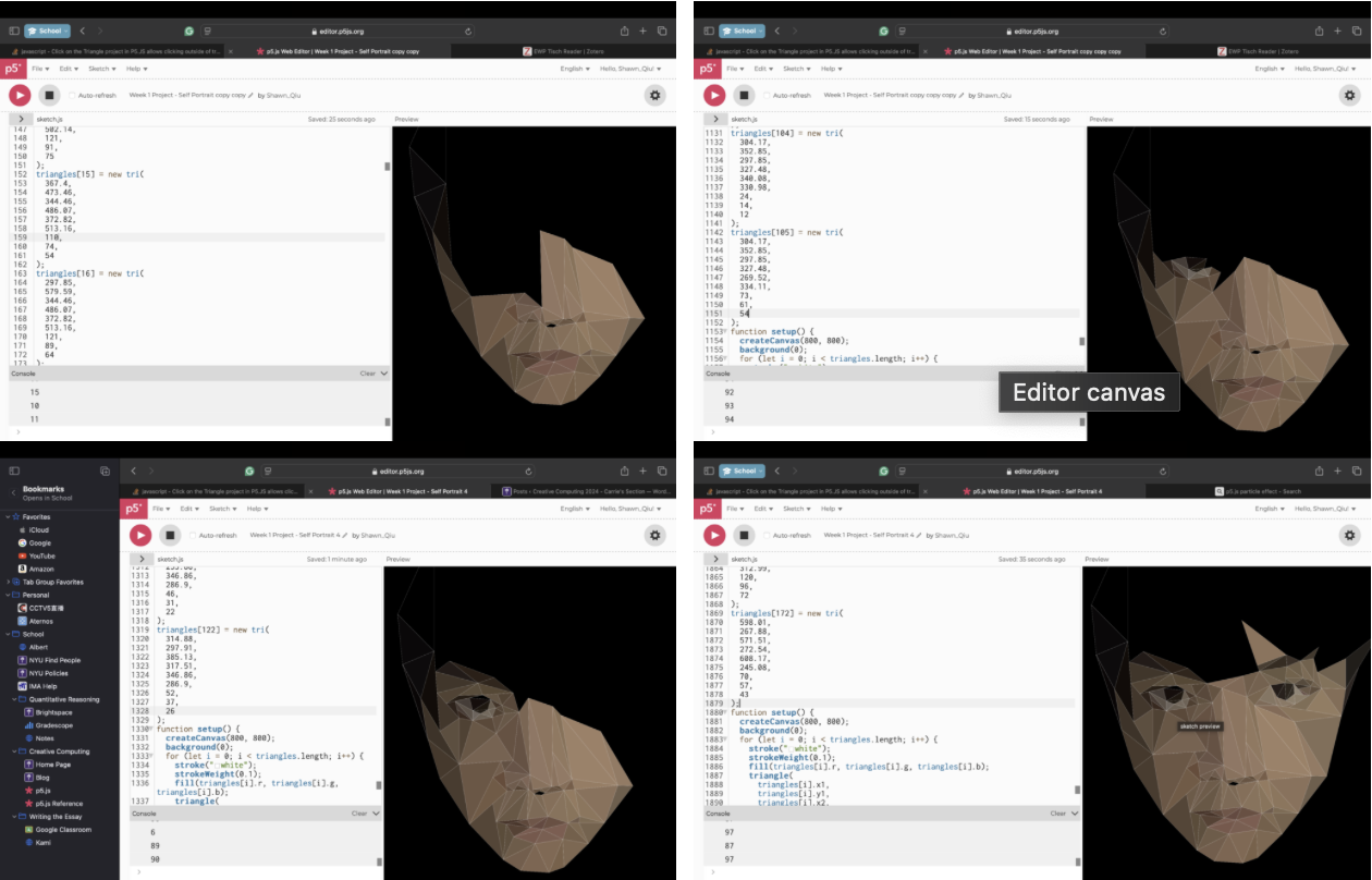 After drawing my face in illustrator with triangles, I started transferring the 200+ triangles from Illustrator to P5.Js. I obtained the ...